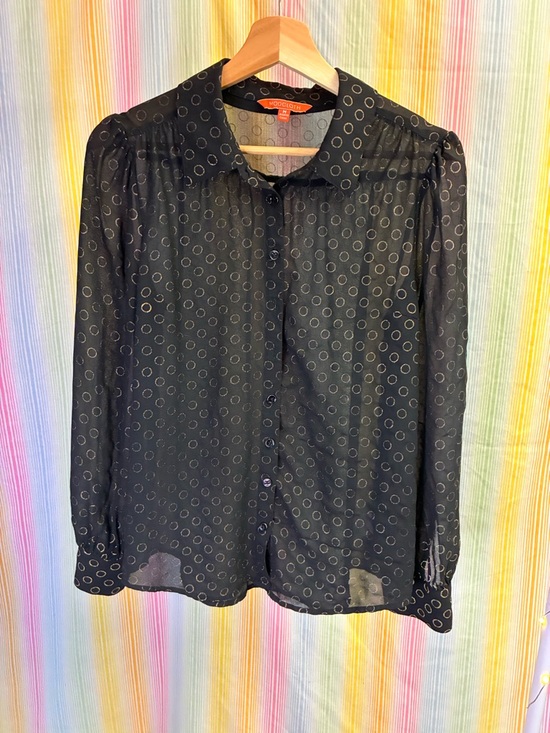 Modcloth Tops - ModCloth Black Sheer Blouse with Metallic Gold Circle Pattern Size M